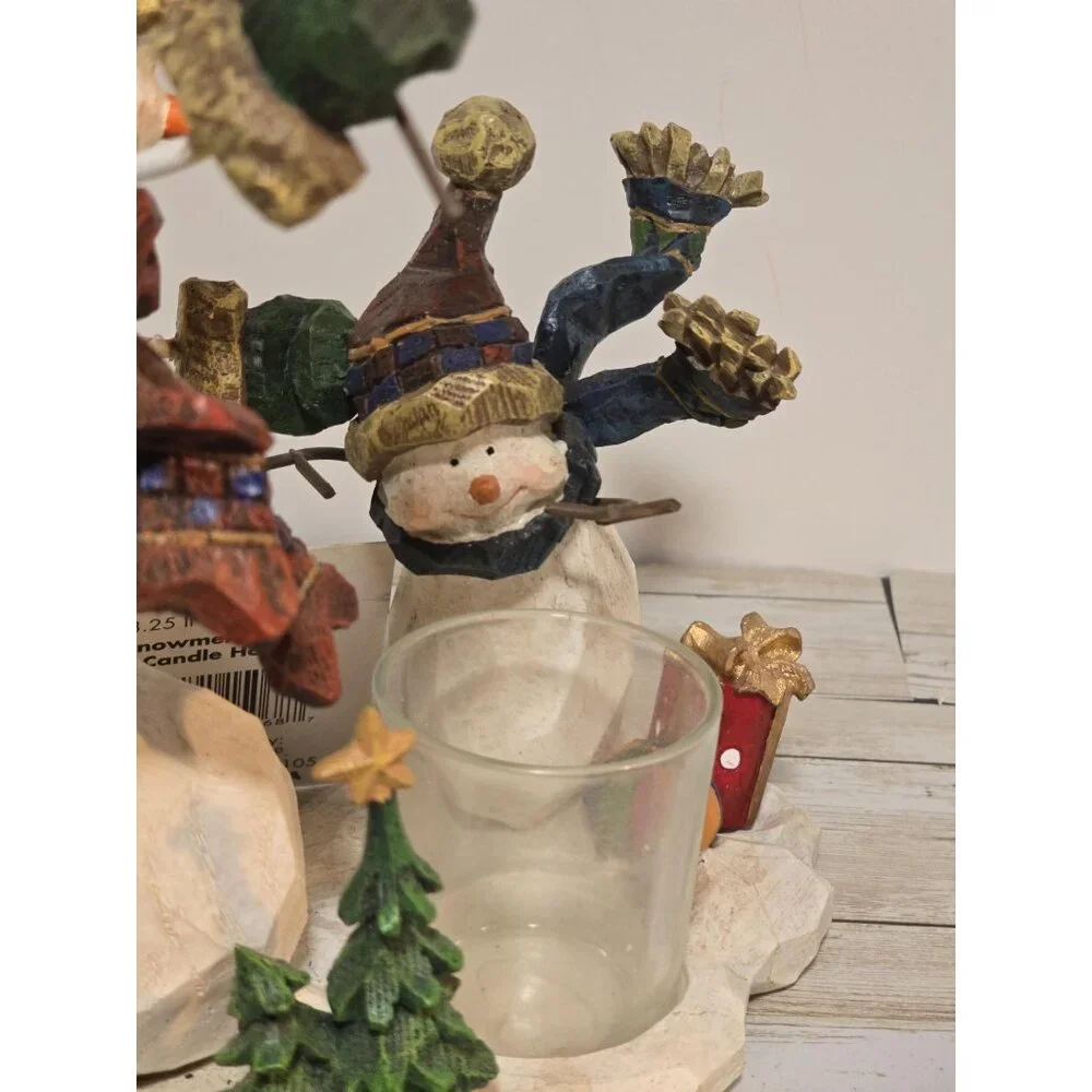 Vintage NOS‎ Snowman Votive Candle Holder Wooden Carved Heavy Sturdy